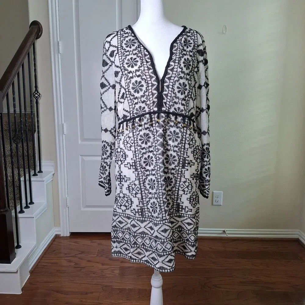 Revolve Antik Batik Dress Black White M Embroidered Tassel Boho Romantic Goth